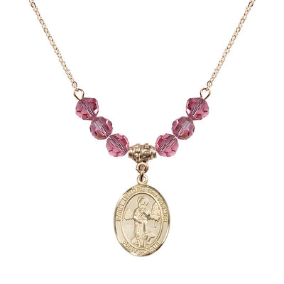 St. Isidore the Farmer Oval 14kt Gold-filled 6mm Rose Austrian Crystal Beaded Necklace, Measures 3/4 inch tall by 1/2-inch wide, Gift Box, Bliss Manufacturing