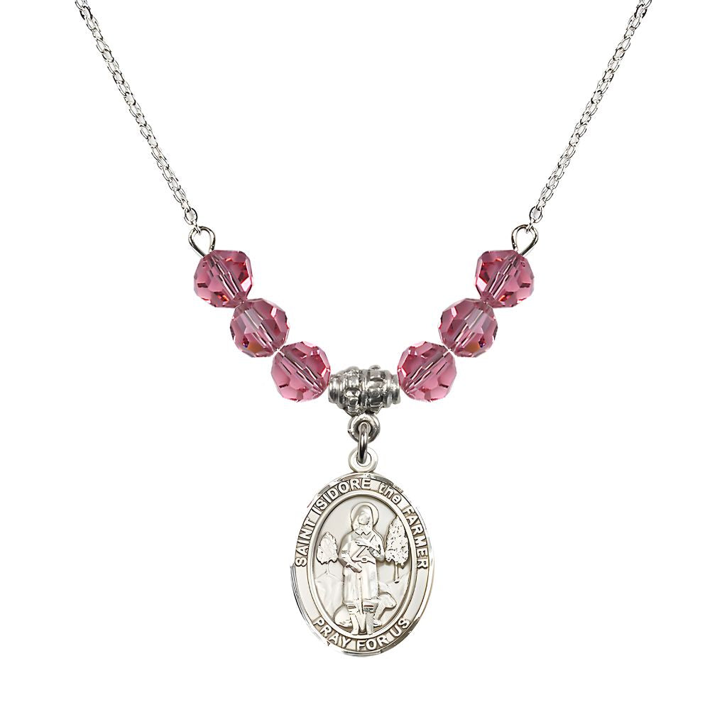Bliss St. Isidore the Farmer Oval Sterling Silver 6mm Rose Austrian Crystal Beaded Necklace, Measures 3/4 inch tall by 1/2-inch wide, Gift Box.