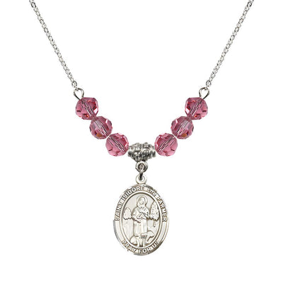 St. Isidore the Farmer Oval Sterling Silver 6mm Rose Austrian Crystal Beaded Necklace, Measures 3/4 inch tall by 1/2-inch wide, Gift Box, Bliss Manufacturing