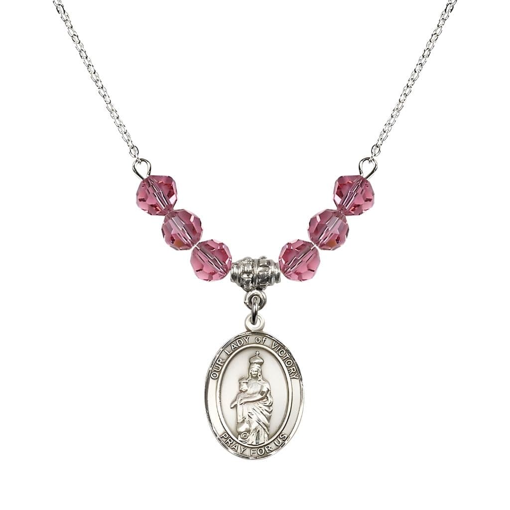 Bliss Our Lady of Victory Sterling Silver 6mm Rose Austrian Crystal Beaded Necklace with Plated Chain