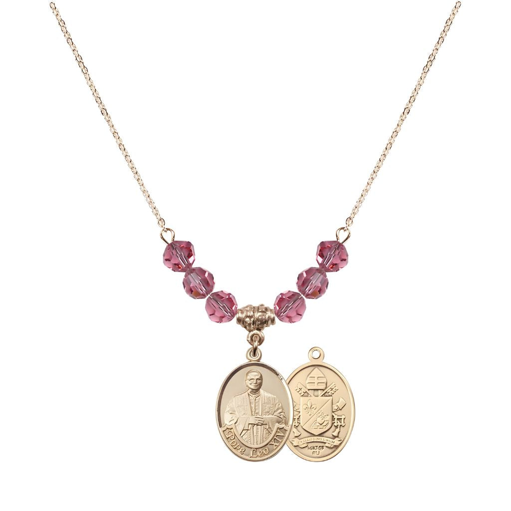 Bliss Pope Leo XIV Beaded Necklace with Gold-filled Medal, 6mm Austrian Crystal Pink Rose Beads for October