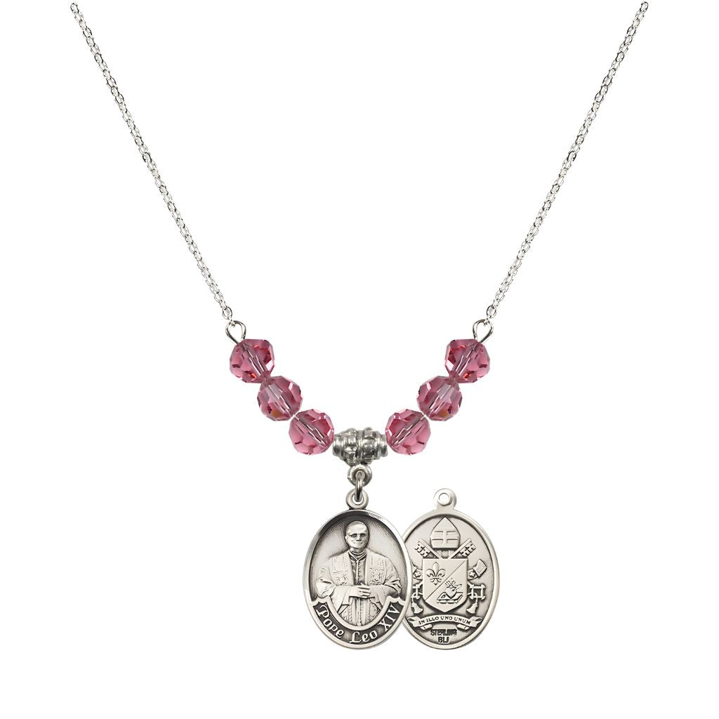 Bliss Pope Leo XIV Crystal Sterling Silver Medal Beaded Necklace with Rose Crystal Beads,
