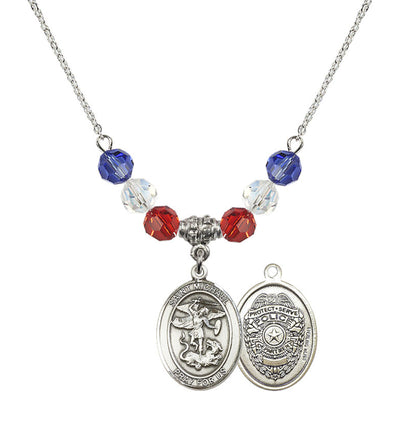 Police Officers St. Michael Sterling Silver 6mm Red White and Blue Beaded Necklace, Measures 3/4 inch tall by 1/2-inch wide, Gift Box in Red/White/Blue, Bliss Manufacturing