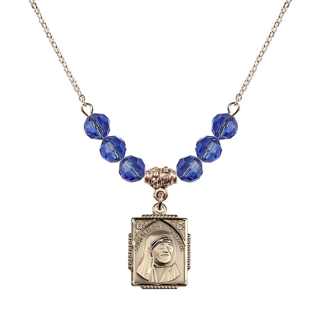 Bliss St. Teresa of Calcutta Square 14kt Gold-filled Sapphire Crystal Birthstone Necklace,