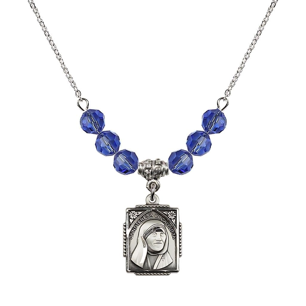Bliss St. Teresa of Calcutta Square Sterling Silver Sapphire Crystal Birthstone Necklace,