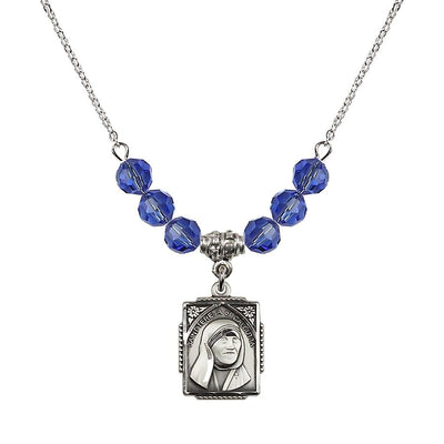 St. Teresa of Calcutta Square Sterling Silver Sapphire Crystal Birthstone Necklace, Bliss Manufacturing