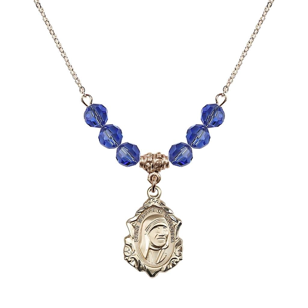 Bliss St. Teresa of Calcutta 14kt Gold-filled Crystal Birthstone Necklace with 6mm Sapphire Crystal Beads