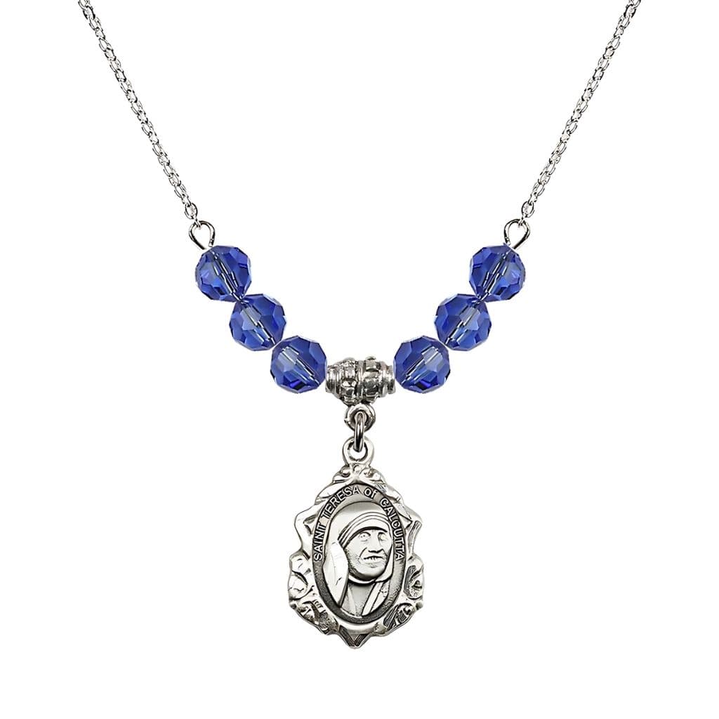 Bliss St. Teresa of Calcutta Sterling Silver Crystal Birthstone Necklace with 6mm Sapphire Crystal Beads