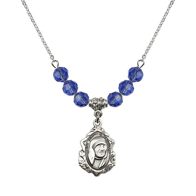 St. Teresa of Calcutta Sterling Silver Crystal Birthstone Necklace with 6mm Sapphire Crystal Beads, Bliss Manufacturing
