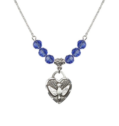 Dove Confirmation Heart Medal with 6mm Sapphire Crystal Bead Necklace, 3/4 inch tall by 5/8 inch wide, Bliss Manufacturing