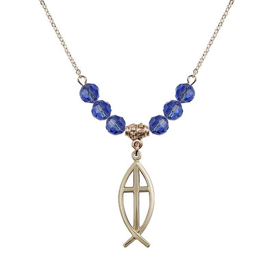 Fish Cross Crystal Sapphire Birthstone Necklace with 18" Chain, Medal 1", Bliss Manufacturing