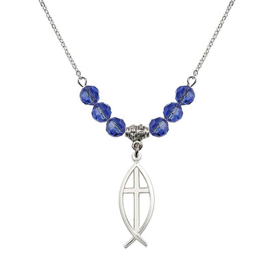 Fish Cross Crystal Birthstone Necklace with 18-inch Chain in Sapphire, Medal 1 inch tall by 3/8 inch wide, Bliss Manufacturing