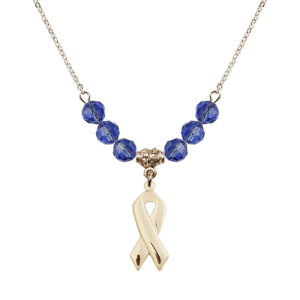 Bliss 14kt Gold-filled Cancer Awareness Ribbon Sapphire Birthstone Crystal Beaded Necklace, Charm Measures 7/8 inch tall by 3/8 inch wide