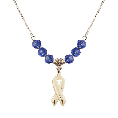 14kt Gold-filled Cancer Awareness Ribbon Sapphire Birthstone Crystal Beaded Necklace, Charm Measures 7/8 inch tall by 3/8 inch wide, Bliss Manufacturing