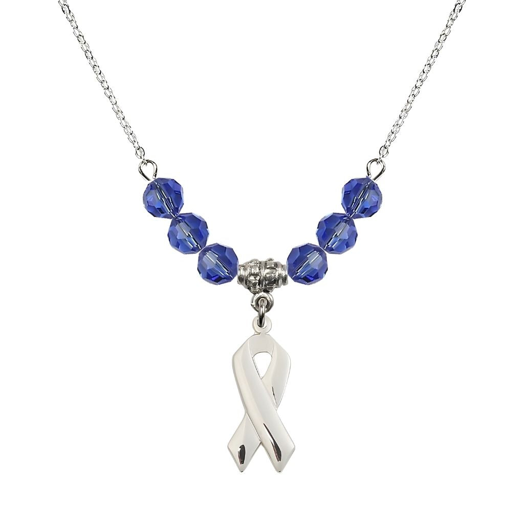 Bliss Sterling Silver Cancer Awareness Ribbon Sapphire Birthstone Crystal Beaded Necklace, Charm Measures 7/8 inch tall by 3/8 inch wide