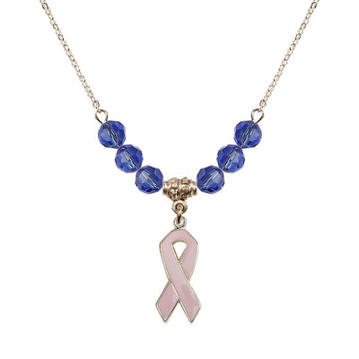Gold-filled Breast Cancer Awareness Pink Ribbon Sapphire Crystal Beaded Necklace, Measures 7/8-inch tall by 1/4-inch wide, Bliss Manufacturing