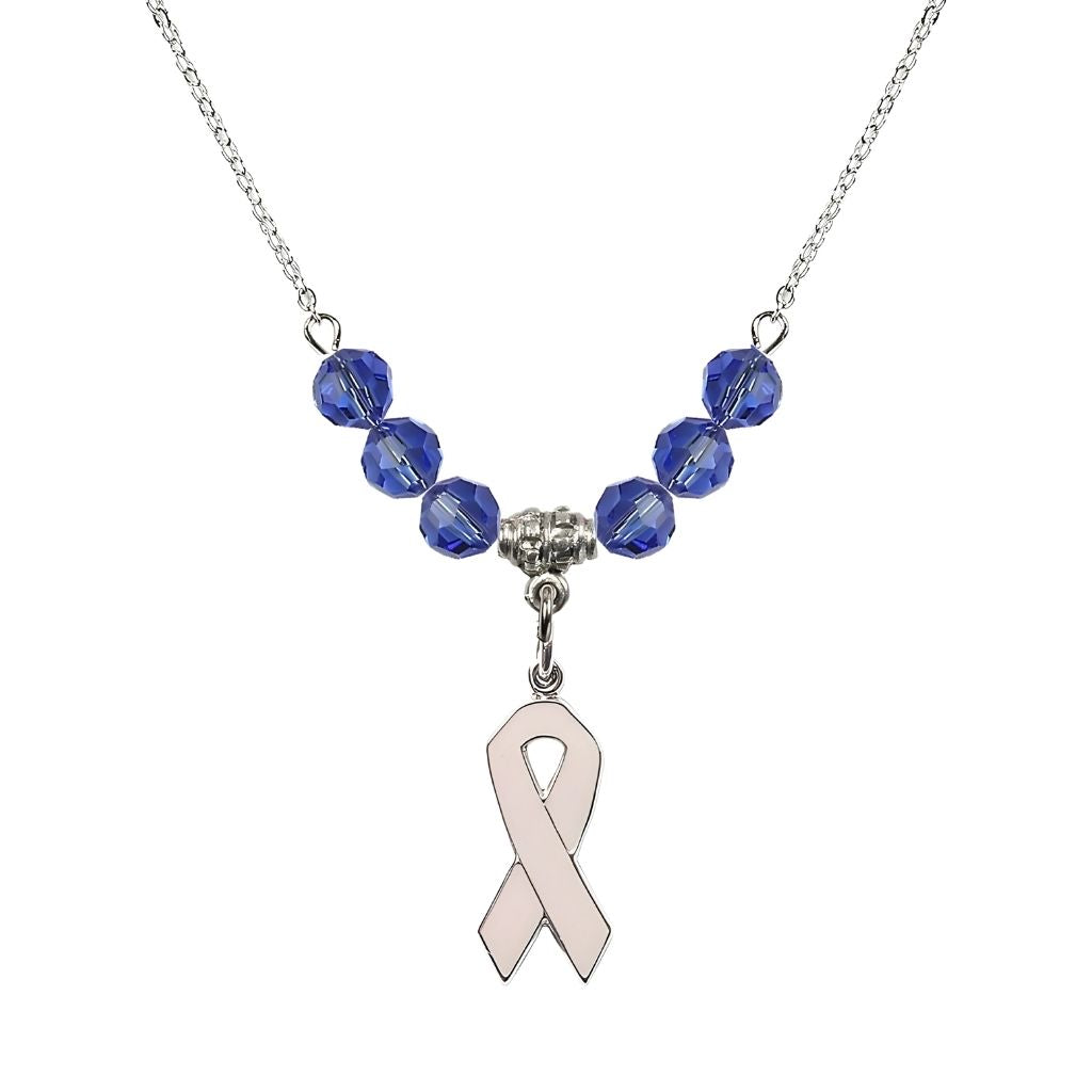 Bliss Sterling Silver Breast Cancer Awareness Pink Ribbon Sapphire Crystal Beaded Necklace, Measures 7/8-inch tall by 1/4-inch wide