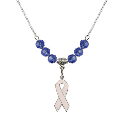 Sterling Silver Breast Cancer Awareness Pink Ribbon Sapphire Crystal Beaded Necklace, Measures 7/8-inch tall by 1/4-inch wide, Bliss Manufacturing