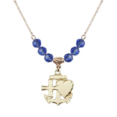 Christian Faith, Hope and Charity Gold-filled 6mm Sapphire Crystal Birthstone Necklace, Bliss Manufacturing