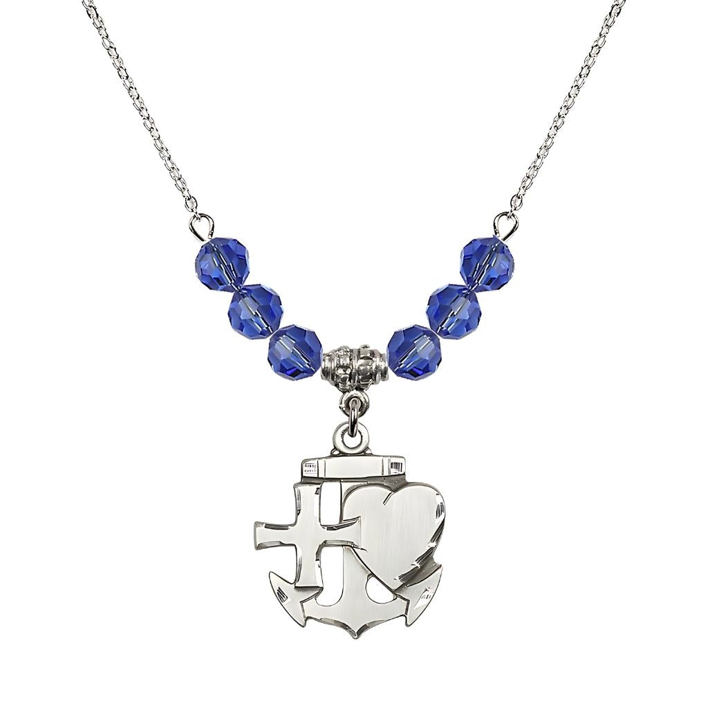 Bliss Christian Faith, Hope and Charity Sterling Silver 6mm Sapphire Crystal Birthstone Necklace, Medal Measures 7/8-inch tall by 3/4-inch wide