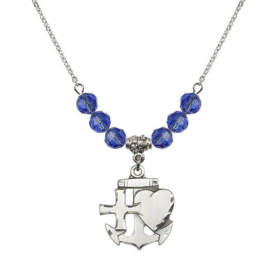 Christian Faith, Hope and Charity Sterling Silver 6mm Sapphire Crystal Birthstone Necklace, Medal Measures 7/8-inch tall by 3/4-inch wide, Bliss Manufacturing