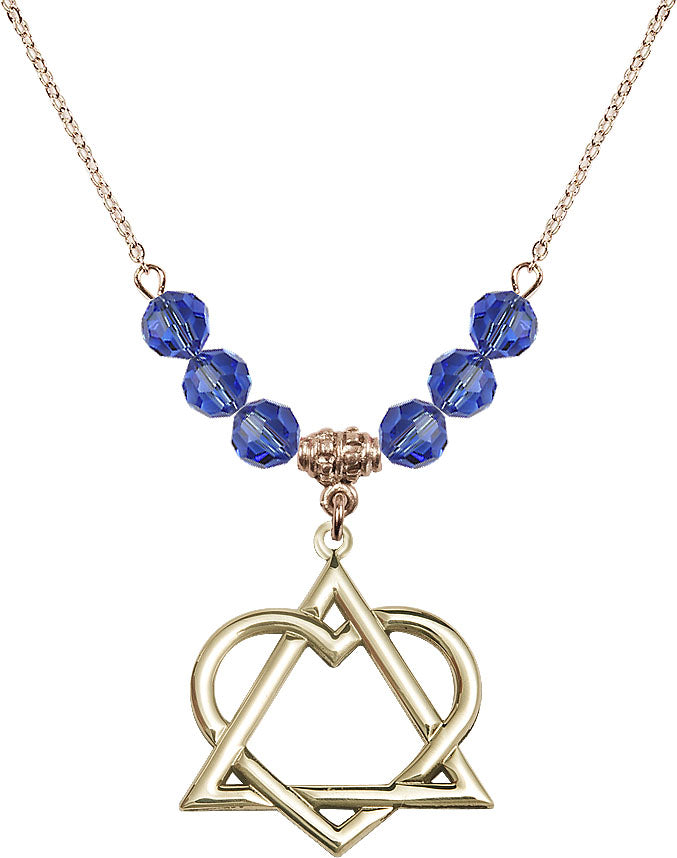 Hamilton Gold Plated Necklace with 6mm Sapphire Crystal Beads featuring a 14kt Gold Filled Adoption Heart,