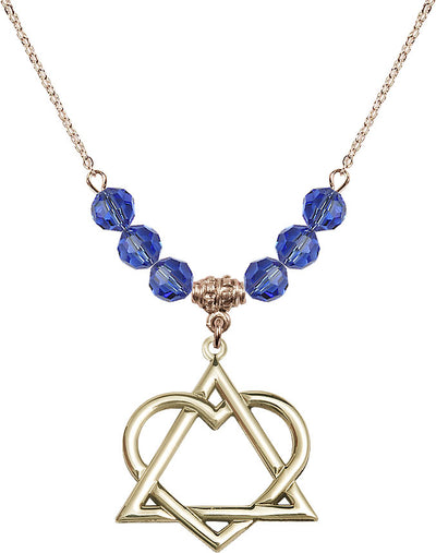 Hamilton Gold Plated Necklace with 6mm Sapphire Crystal Beads featuring a 14kt Gold Filled Adoption Heart, Bliss Manufacturing