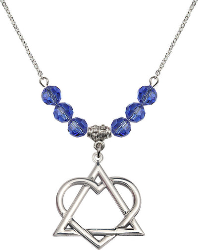 18" Rhodium Plated Necklace with 6mm Sapphire Crystal Beads featuring a Sterling Silver Adoption Heart Medal, Bliss Manufacturing