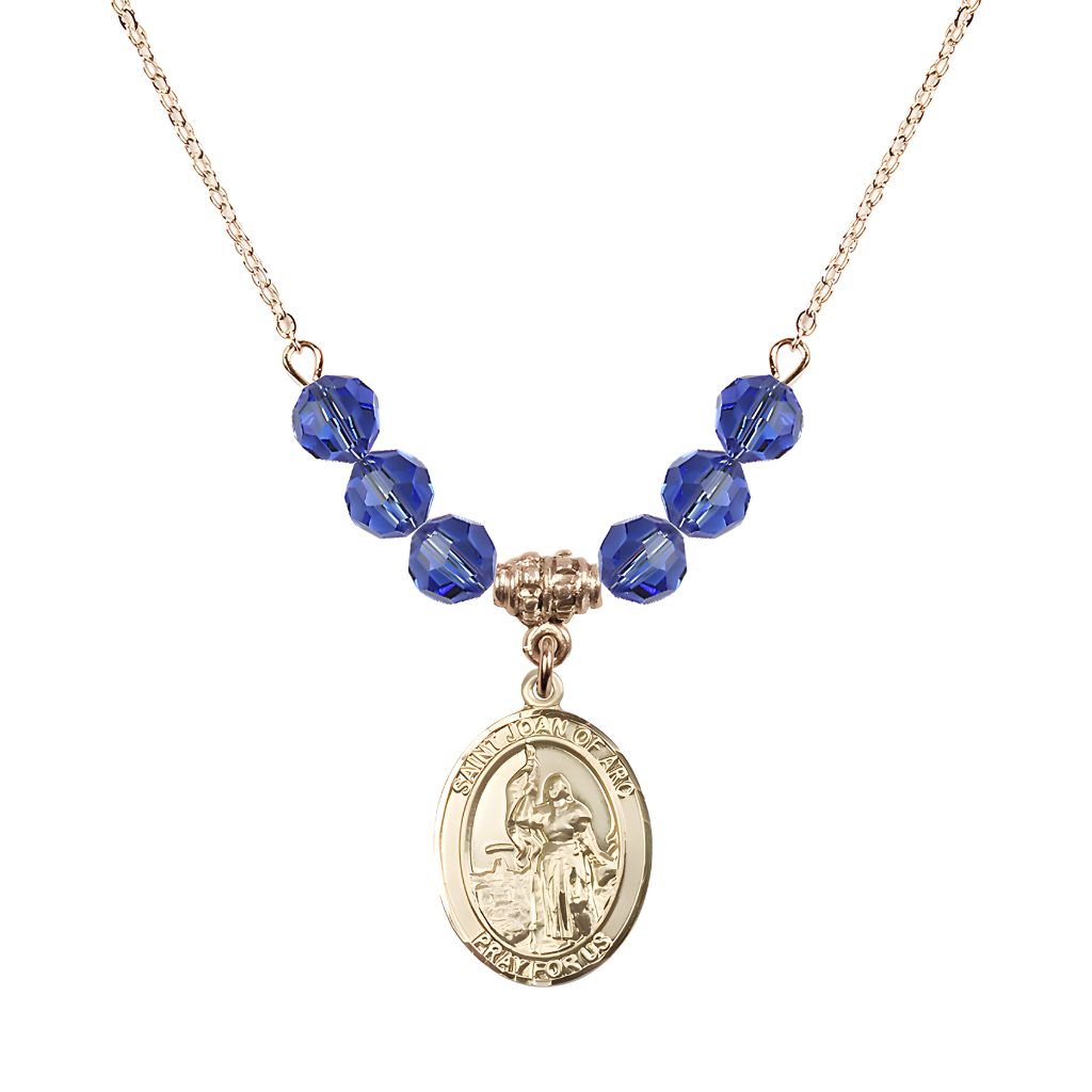 Bliss St. Joan of Arc Oval 14kt Gold-filled 6mm Sapphire Austrian Crystal Beaded Necklace, Measures 3/4 inch tall by 1/2-inch wide, Gift Box.