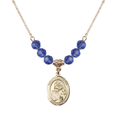 St. Joan of Arc Oval 14kt Gold-filled 6mm Sapphire Austrian Crystal Beaded Necklace, Measures 3/4 inch tall by 1/2-inch wide, Gift Box, Bliss Manufacturing