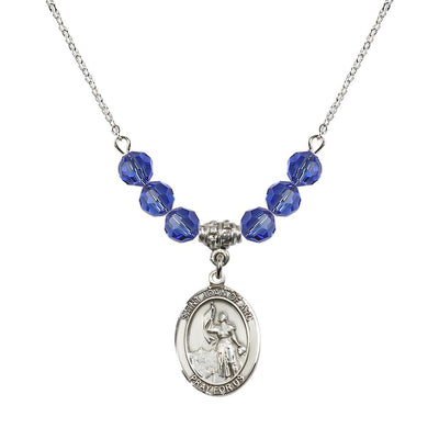 St. Joan of Arc Oval Sterling Silver 6mm Sapphire Austrian Crystal Beaded Necklace, Measures 3/4 inch tall by 1/2-inch wide, Gift Box, Bliss Manufacturing