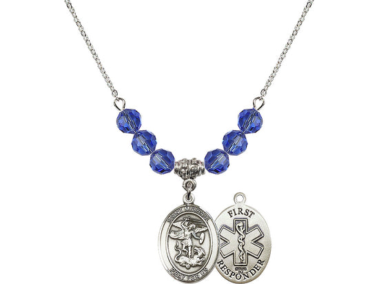 Bliss 1st Responder St Michael Sterling Silver Beaded Necklace in Sapphire,