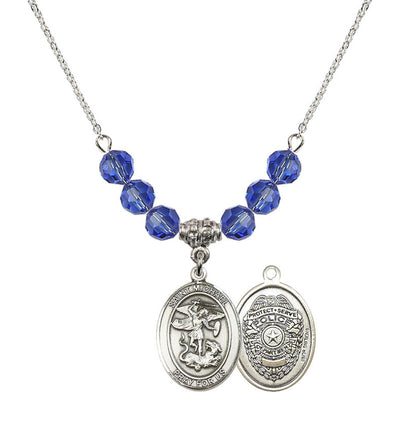 Police Officers St. Michael Sterling Silver 6mm Sapphire Beaded Necklace, Measures 3/4 inch tall by 1/2-inch wide, Gift Box, Bliss Manufacturing