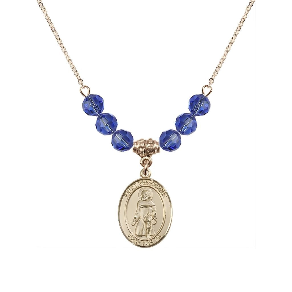 Bliss Our Lady of Fatima 14kt Gold-filled 6mm Sapphire Beaded Necklace, Measures 3/4 inch tall by 1/2-inch wide, Gift Box