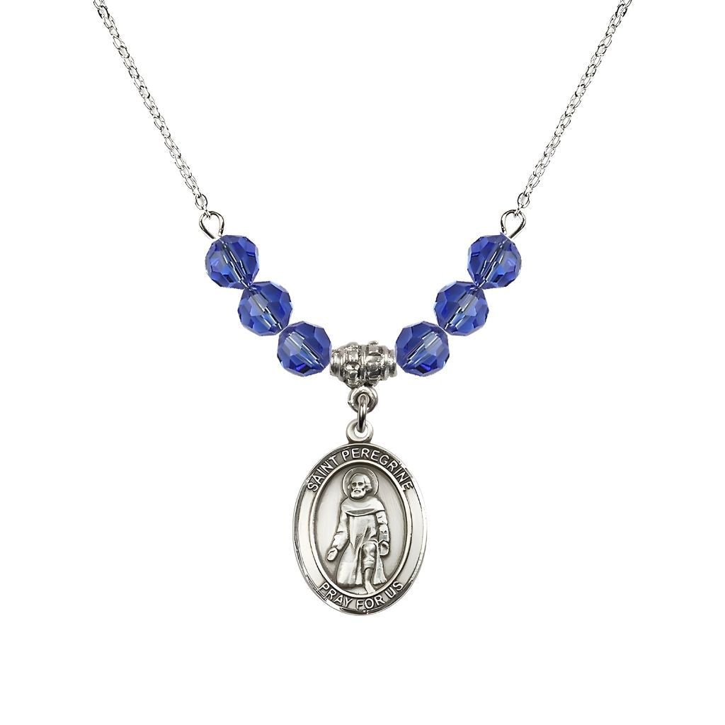 Bliss Our Lady of Fatima Sterling Silver 6mm Sapphire Beaded Necklace, Measures 3/4 inch tall by 1/2-inch wide, Gift Box