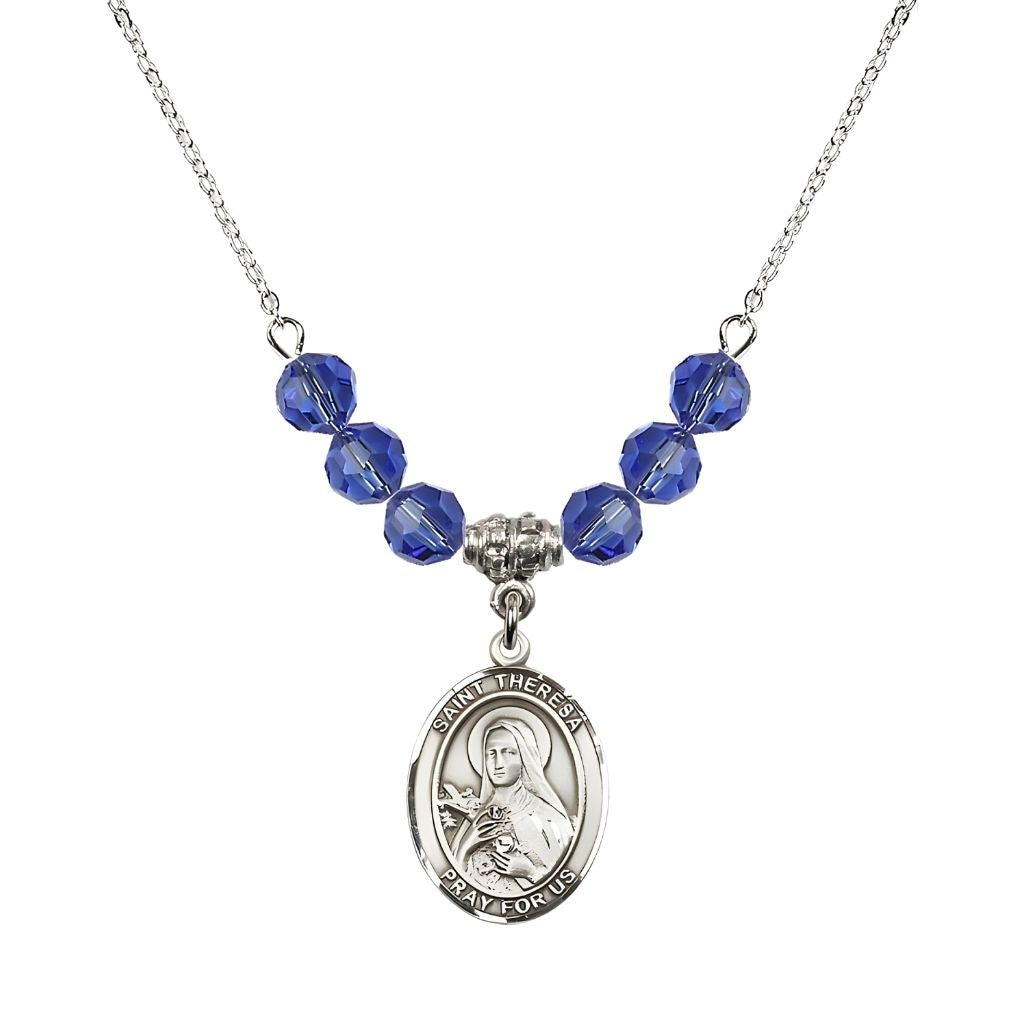 Bliss St. Theresa Sterling Silver Crystal Necklace, handcrafted in the USA, Birthstone 6mm Austrian Crystals in Sapphire