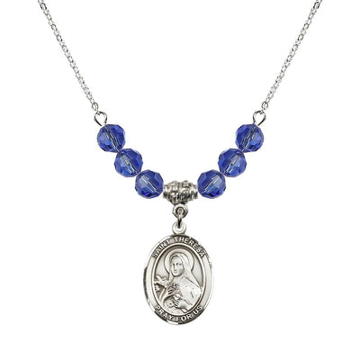 St. Theresa Sterling Silver Crystal Necklace, handcrafted in the USA, Birthstone 6mm Austrian Crystals in Sapphire, Bliss Manufacturing