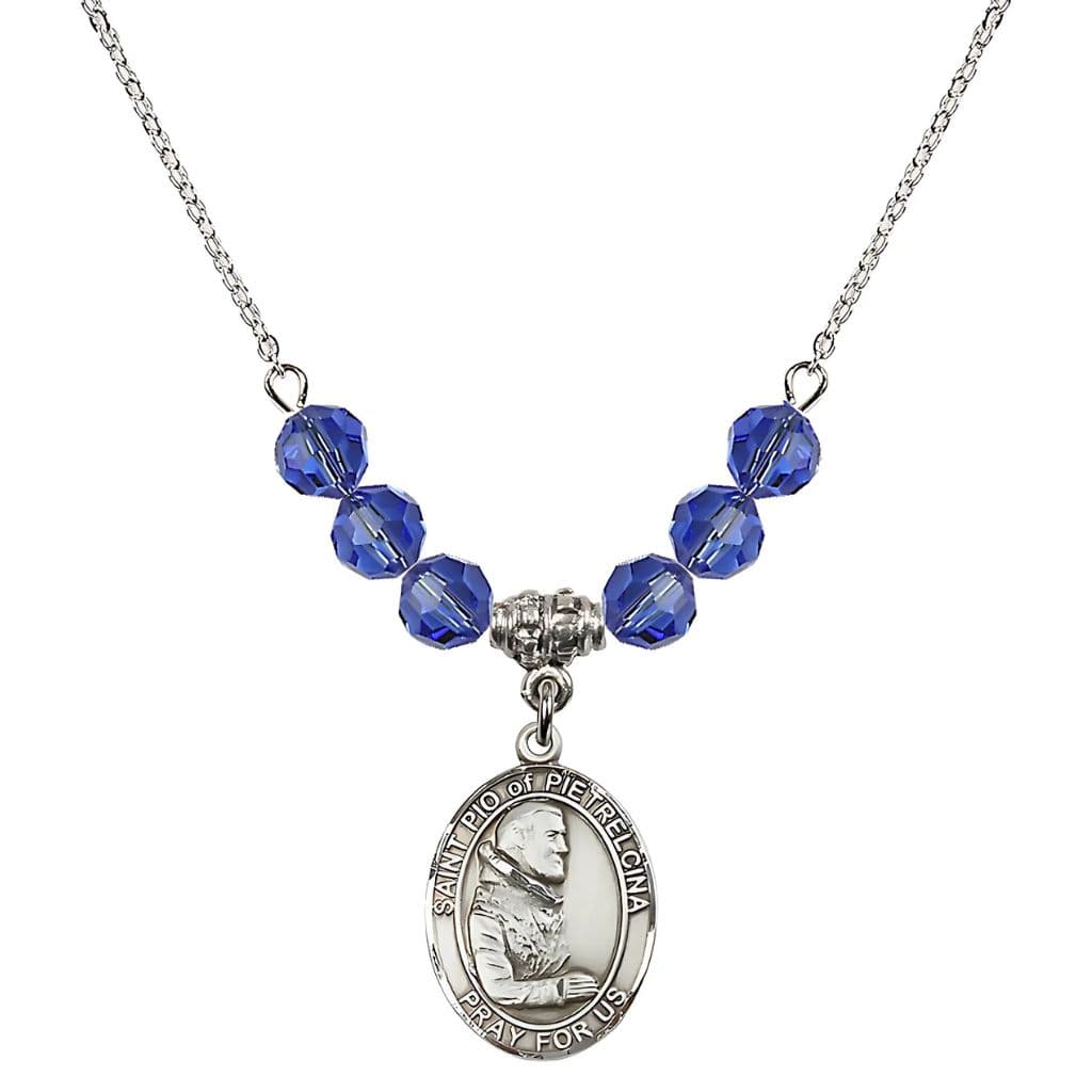 Bliss Sterling Silver St. Padre Pio of Pietrelcina Sapphire Crystal Birthstone Necklace