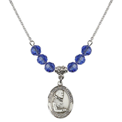 Sterling Silver St. Padre Pio of Pietrelcina Sapphire Crystal Birthstone Necklace, Bliss Manufacturing