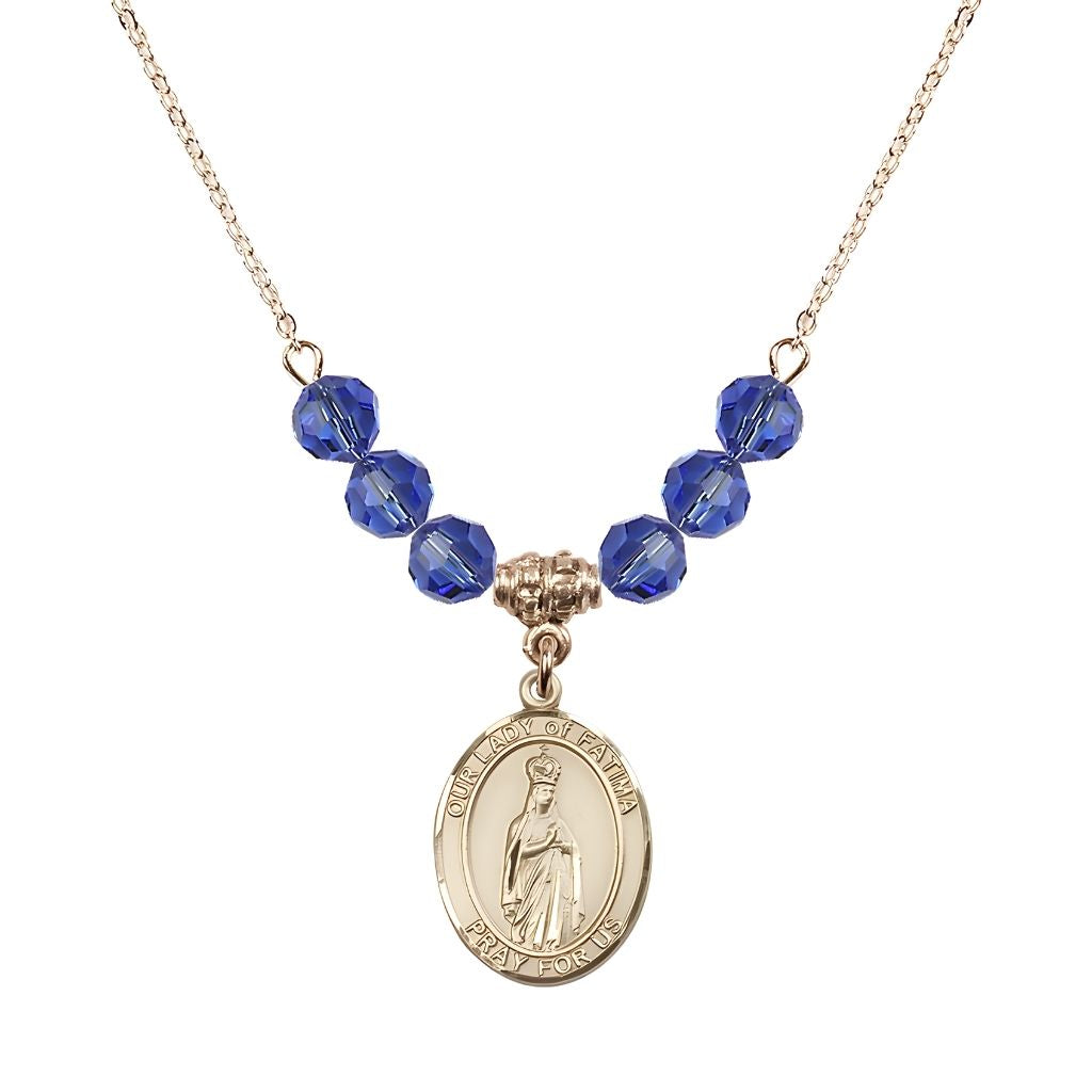 Bliss Our Lady of Fatima Gold-filled 6mm Sapphire Beaded Necklace, Measures 3/4 inch tall by 1/2-inch wide, Gift Box