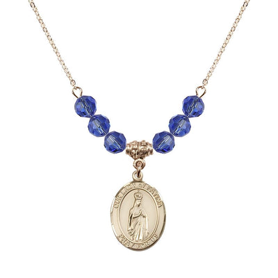 Our Lady of Fatima Gold-filled 6mm Sapphire Beaded Necklace, Measures 3/4 inch tall by 1/2-inch wide, Gift Box, Bliss Manufacturing