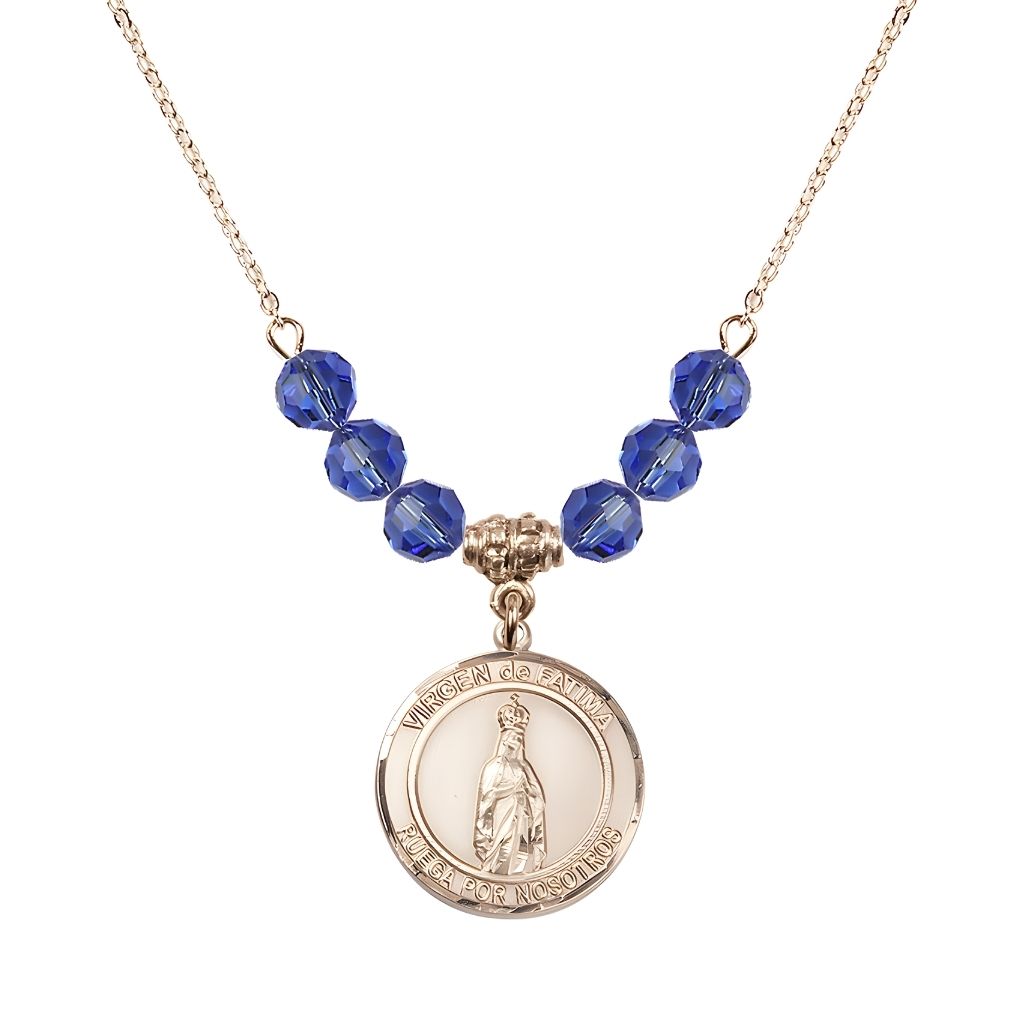 Bliss Virgen de Fatima Round 14kt Gold-filled 6mm Sapphire Beaded Necklace, Measures 3/4 inch tall by 1/2-inch wide, Gift Box
