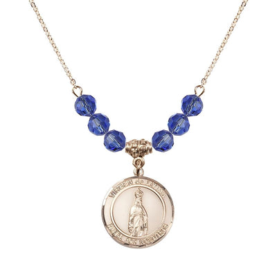 Virgen de Fatima Round 14kt Gold-filled 6mm Sapphire Beaded Necklace, Measures 3/4 inch tall by 1/2-inch wide, Gift Box, Bliss Manufacturing