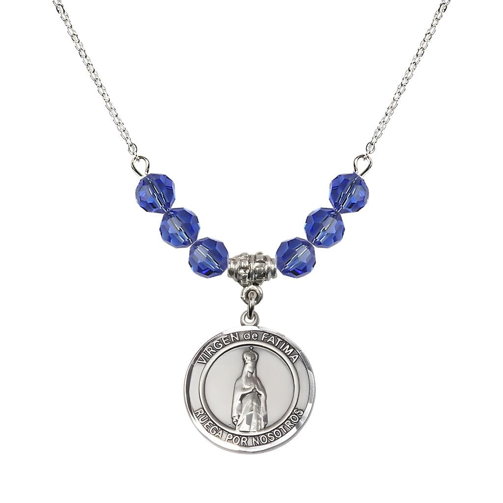 Bliss Virgen de Fatima Round Sterling Silver 6mm Sapphire Beaded Necklace, Measures 3/4 inch tall by 1/2-inch wide, Gift Box