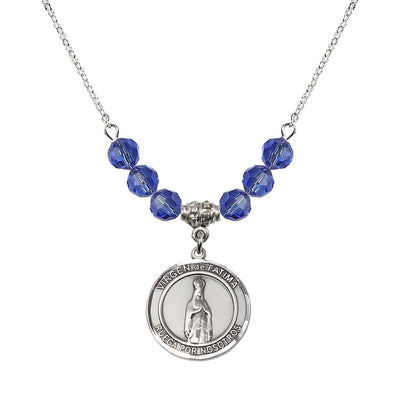 Virgen de Fatima Round Sterling Silver 6mm Sapphire Beaded Necklace, Measures 3/4 inch tall by 1/2-inch wide, Gift Box, Bliss Manufacturing