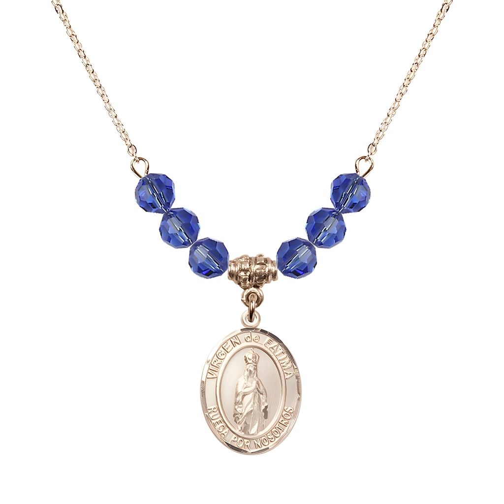 Bliss Virgen de Fatima 14kt Gold-filled 6mm Sapphire Beaded Necklace, Measures 3/4 inch tall by 1/2-inch wide, Gift Box