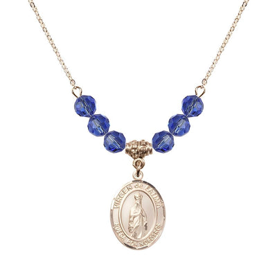 Virgen de Fatima 14kt Gold-filled 6mm Sapphire Beaded Necklace, Measures 3/4 inch tall by 1/2-inch wide, Gift Box, Bliss Manufacturing