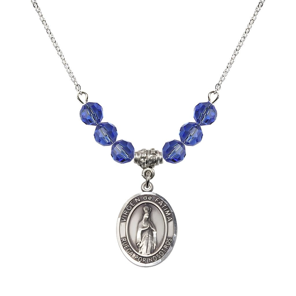 Bliss Virgen de Fatima Oval Sterling Silver 6mm Sapphire Beaded Necklace, Measures 3/4 inch tall by 1/2-inch wide, Gift Box