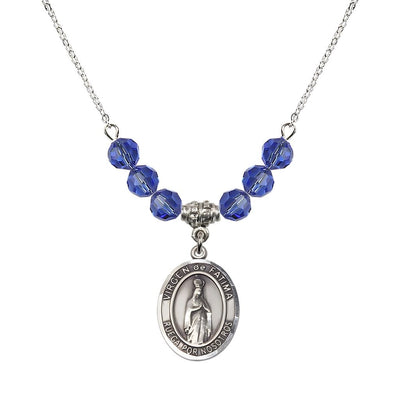 Virgen de Fatima Oval Sterling Silver 6mm Sapphire Beaded Necklace, Measures 3/4 inch tall by 1/2-inch wide, Gift Box, Bliss Manufacturing
