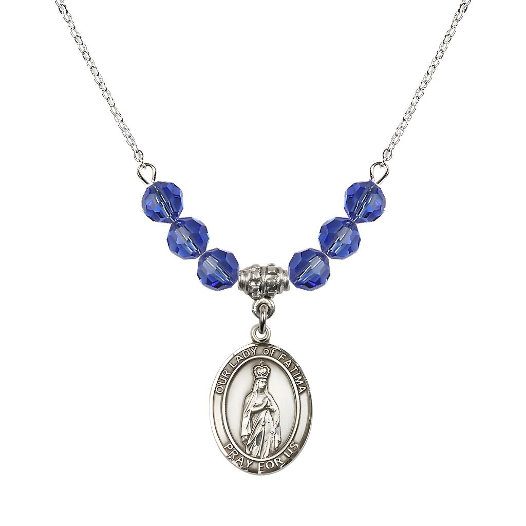 Bliss Our Lady of Fatima Sterling Silver 6mm Sapphire Beaded Necklace, Measures 3/4 inch tall by 1/2-inch wide, Gift Box